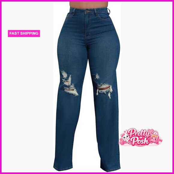 Denim - High Waisted Wide Leg Jeans Stretch Denim Pants Baggy Straight Leg